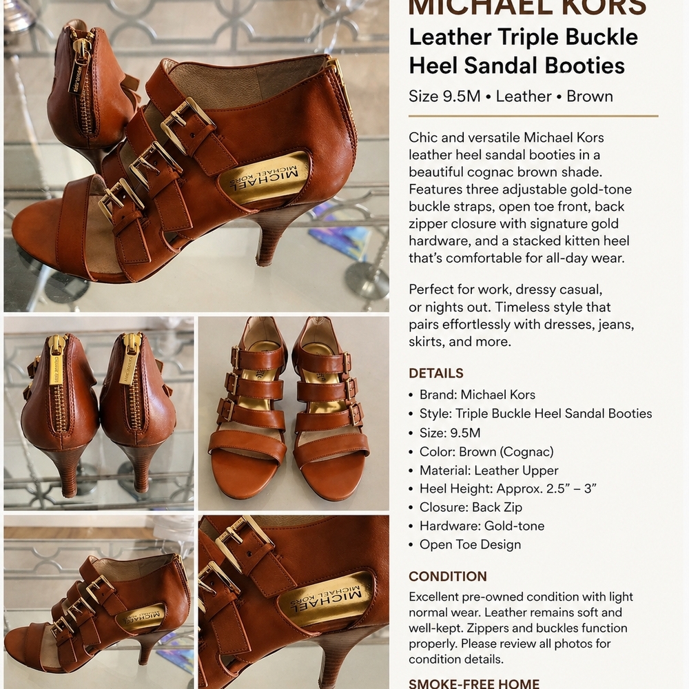 Michael Kors Cognac Brown Leather Triple-Buckle Heeled Sandals